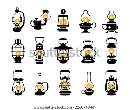 Lantern silhouette. Vintage black oil kerosene gas lamps, monochrome retro night light equipment with holder flat style. Vector collection of lantern kerosene illustration