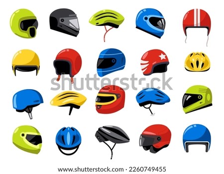 Motorcycle helmets. Racing headgear equipment for extreme motorcyclist driver motorbikes bicycle biker, head protection flat style. Vector set of helmet headgear and race motorcyclist illustration