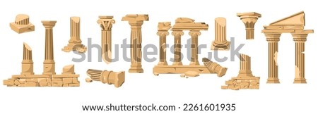 Ancient ruins. Cartoon classic stone pillars, antique architecture building columns, old roman temple exterior elements. Vector collection of roman building ancient pillar illustration