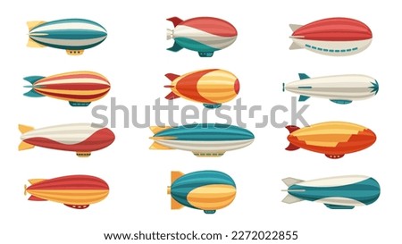 Dirigible. Cartoon airship old travel transport industry, retro balloon airplane flying helium air machine, aircraft aviation concept. Vector flat set of dirigible flight illustration