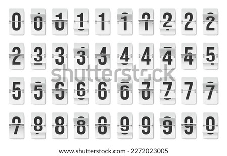 Flip clock number set. Board with numeral dial, old outdated mechanical countdown scoreboard with numeric counter animation. Vector collection of scoreboard flip display illustration