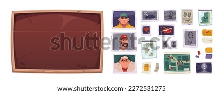 Detective board elements. Police wall pinboard with picture of suspect and evidence, criminal investigation plan with notes. Vector cartoon set of police detective board illustration