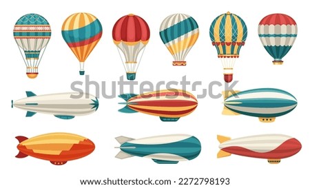 Cartoon airship. Dirigible hot air balloon transport with cabin and basket, old aerial transportation, colorful aircraft aviation icons. Vector set of airship dirigible and balloon illustration