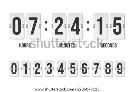 Countdown timer. Mechanical analog flip clock with number indicator, retro automatic date hour minutes counter timetable display. Vector illustration of mechanical scoreboard flip countdown