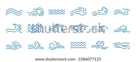 Water wave line icons. Flowing river water and sea wave marks, outline liquid elements and swirl marks for logo design. Vector isolated set of sea line water illustration