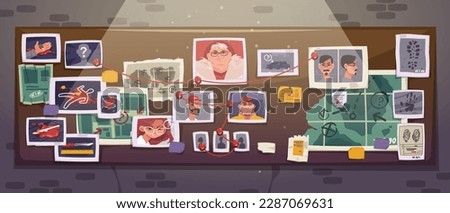 Cartoon detective board. Police cork pinboard with evidence victim photo accident information, crime investigation plan and equipment. Vector flat set of evidence on pinboard illustration