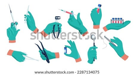 Doctor hands. Medical worker in sterile rubber gloves with syringe and therapeutic tools, healthcare vaccination disease treatment concept. Vector set of medical latex rubber protective illustration