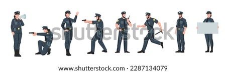 Policeman and policewoman. Male and female police officers in different poses, cartoon cop characters working at enforcement job. Vector flat set of occupation profession character illustration
