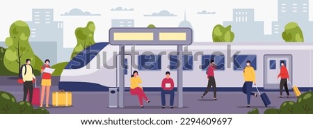 People at station. Female and male characters with luggage waiting for transport at railway station. Vector of transportation station railway, transport train city illustration