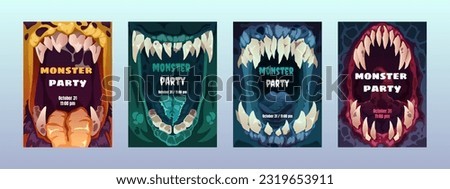 Creepy mouth posters. Cute scary monster lips teeth, colorful comic alien characters emotion for Halloween party invitation cove flyer. Vector set. Spooky creatures with frightening expression