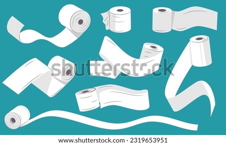 Unwound toilet paper. Tissue roll with ribbons, unrolled hand towel and paper napkin, flying bathroom paper napkin hygiene concept. Vector set of bathroom hygiene, sanitary soft illustration