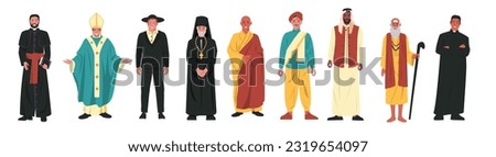 Religion characters. Different religious church leaders, buddhist monk christian priest rabbi judaist muslim mullah, faith. Cartoon vector set of religious character, religion different illustration