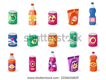 Drinks in bottles and cans. Cartoon aluminum, glass and plastic cans with different beverages, energy drink, alcohol, alcoholic beverage of bottle, drink glass illustration