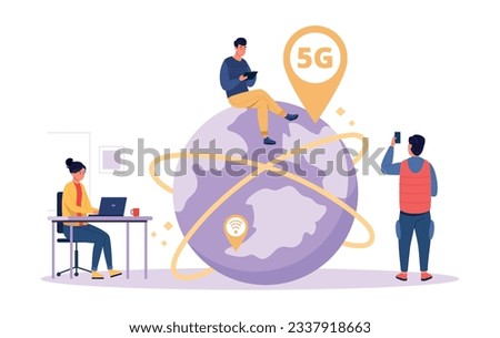 Concept high speed internet 5G. Smartphone wireless technology, wifi connection. Cartoon tiny people workers with mobile phones and laptop, innovative generation vector illustration
