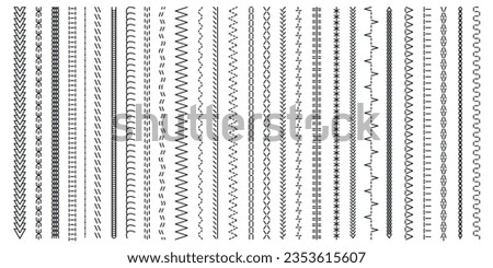 Black stitches collection. Seamless print of decorative cross stitch patterns, old fashion embroidery lace brush thread design. Vector set. Zigzag and dashed stripes or detailed borders