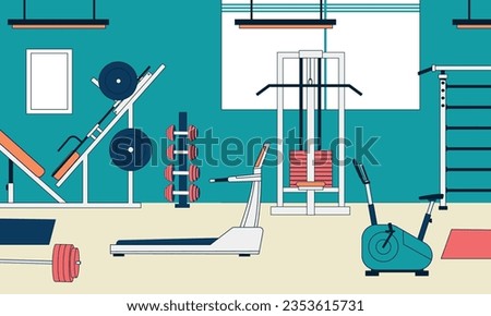 Gym interior with equipment. Cartoon fitness center with fitness training and workout equipment, sport tools and heavy training machines. Vector illustration. Treadmill and cycling bike, dumbbells