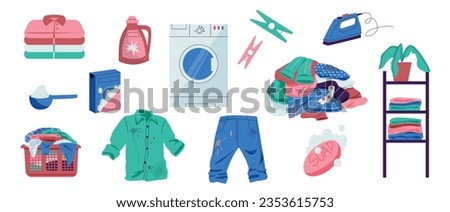 Home laundry. Cartoon dirty laundry in washing machine, laundry basket with clothes, detergent washer and bleach. Vector flat set. Stained shirts, jeans, iron and clothespins for household chores