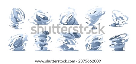 Cartoon tornado effect. Windy cyclone hurricane whirlwind animation sprite, fast hurricane wind vortex destruction sprite asset. Vector isolated set of cyclone weather typhoon illustration