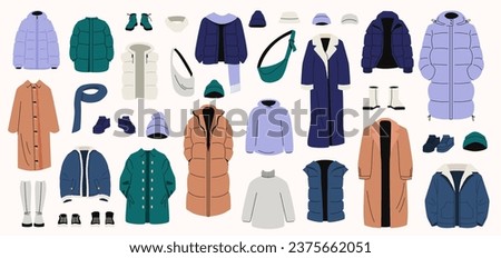 Winter clothes set. Cartoon winter wardrobe with casual and elegant clothing, male and female cold weather outfits. Vector winter wardrobe with footwear, coats, bags warm hats and sweaters