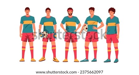 Soccer team players. Cartoon male characters in uniform standing together, group of active guys in sport clothes. Vector collection. People athletes in sportswear with balls, sporty men