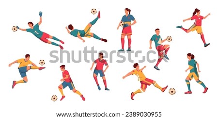 Men and women football players. Cartoon male and female characters playing soccer, male and female athletes in uniform dribbling and kicking ball. Vector set. Professional sport or leisure activity