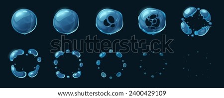 Soap bubble animation. Cartoon bubble blowing and popping, foam and water sphere effect, 2D game sprite asset. Vector water bubble sequence of soap ball bubble illustration