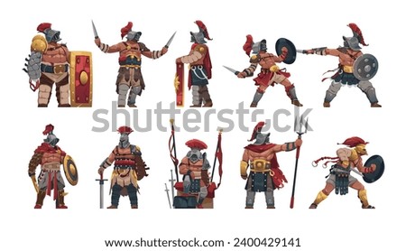 Gladiator characters. Cartoon ancient roman gladiator warrior in different fighting and standing poses, 2D game asset. Vector isolated set of roman gladiator illustration