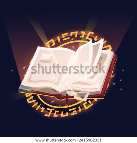 Spell book cast. Magic witchcraft open spell book with torn pages game icon for menu GUI, fantasy colorful grimoire with sparkling magic spell. Vector illustration. Educational mystic literature