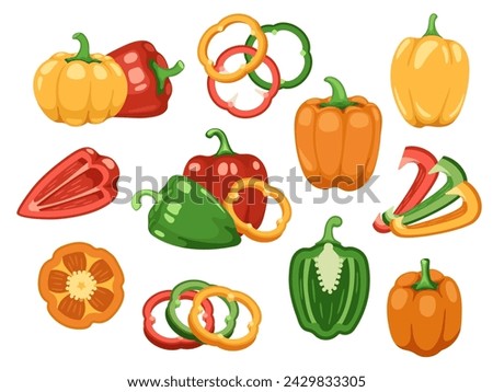 Sliced bell pepper. Fresh raw red green yellow capsicum vegetable, top view of sliced ripe organic spicy paprika, healthy vegan food. Vector collection of fresh raw paprika