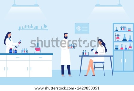 Research scientist Science laboratory, chemistry scientists and clinical lab. Vector of chemistry laboratory, science research biology experiment, lab medicine illustration