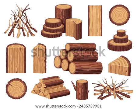 Cartoon firewood. Pile of cut wooden logs, firewood bundle for campfire or fireplace, tree trunk and branches. Vector isolated set of log lumber, timber tree illustration