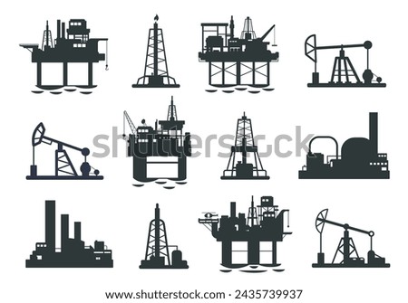 Oil platform silhouette. Offshore petroleum jack derrick tower, energy industry gas extraction plant, fuel production and transportation. Vector illustration of petroleum gas industry silhouette