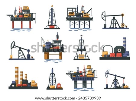 Oil well and rig. Petroleum industry oil pump tower and derrick drilling for crude oil, extraction and transportation of fuel and gas. Vector cartoon set of industry oil petroleum illustration