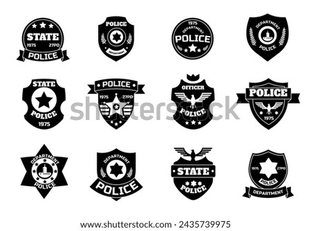 Police black symbol. Cop badge with shield and sheriff star, law enforcement officer insignia. Vector federal police department emblem collection of authority white and black insignia illustration