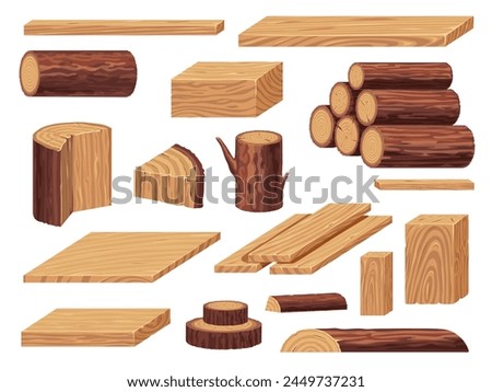 Raw wood materials. Lumber pile of logs tree trunks branches, pile of cut piece of hardwood for carpentry, sawmill industry. Vector isolated set of log lumber timber wood, wooden material illustration