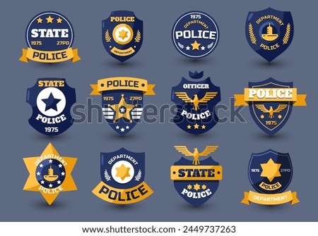 Police officer seal. Policeman badges and sheriff emblems with star and shield, law enforcement insignia flat style. Vector collection of badge security patrol illustration