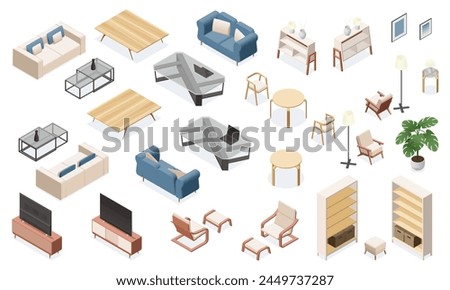 Isometric living room furniture. Modern apartment interior elements, sofa armchair coffee table, home 3d scene kit with interior equipment. Vector illustration. Isolated houseplants, book shelves