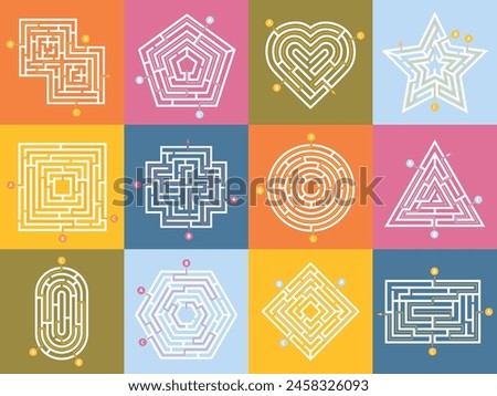 Labyrinth game. Maze conundrum, labyrinth way rebus and many entrance riddle. Vector of maze and puzzle, way exit conundrum, search entrance, riddle shape, square illustration