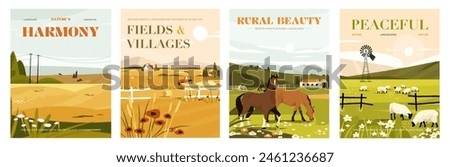 Agricultural landscape covers. Farm panorama with combine harvester, trees and animals, farm scene with tractor and animals. Vector rural panoramic illustration. Countryside with horses and sheep