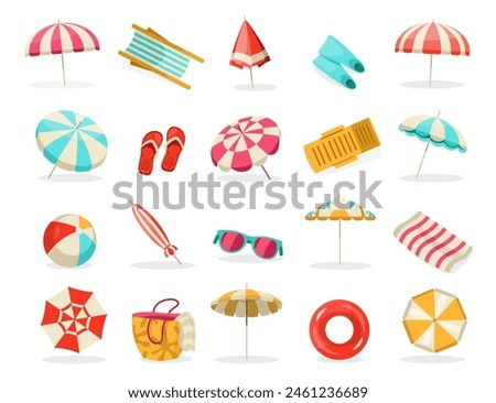 Beach accessories. Tropical summer vacation elements, sea holiday items for summer tourism, surfing swimming vacation. Vector isolated set. Umbrella, sunglasses, bag, ball and slippers