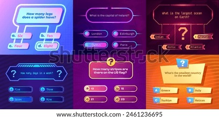 Quiz game ui. Game show template with question and answer, challenge exam with multiple choice, game show concept. Vector infographic. Questionnaire with multiple options in bubbles