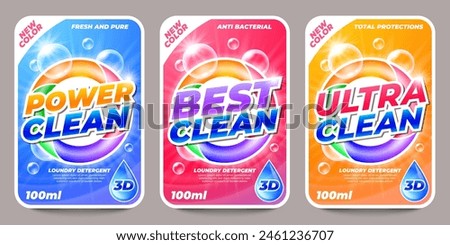 Laundry detergent stickers. Washing powder and soap labels, liquid cleaner and stain remover, washing and cleaning products. Vector set. Isolated badges for packaging, household chemicals