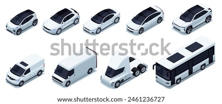 Various isometric car. Logistic delivery vehicles with cargo trailer, truck van car and motorcycle for transport company. Vector set. Different automobiles for personal usage, rental company