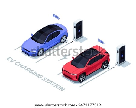 Isometric cars charging. Electric vehicle charging station with cars, eco transportation plug-in charging lot. Vector illustration.