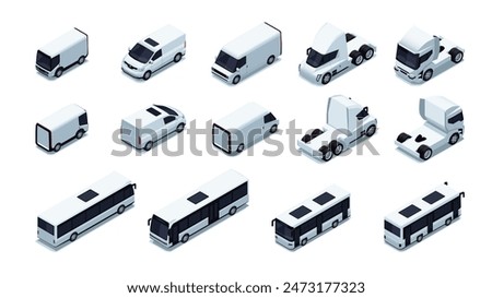 Isometric trucks back and front. Semi-trailer cargo vehicle with container, side and front projections. Heavy transport flat style vector set. Public transport, rental and leasing company