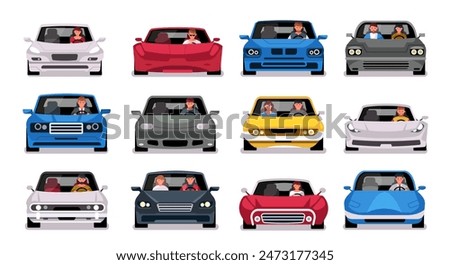 People in cars front view. Cartoon characters ride in different cars, family trip, man and woman driving in car, flat car transportation illustration. Different modern automobiles with passengers