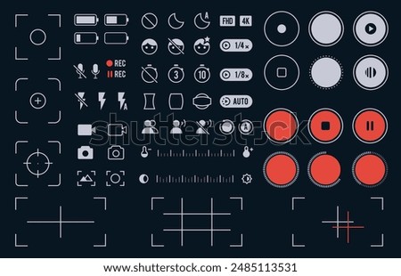 Mobile camera interface. Smartphone screen camera interface with photo and video mode, grid focus and zoom settings, touch focus and flash icons. Vector mobile camera flat illustration