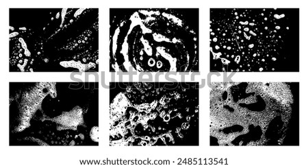 Soap grunge backgrounds. Sudsy foam and bubbles texture, foam water and detergent stains, wet lather and foam insulation. Vector set. Laundry and washing froth, hygiene or household concept