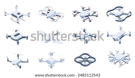 Isometric drones. Aerial drone unmanned remote control surveillance multicopter vehicles, wireless robotic helicopter copter technology. Vector isometric drones set.