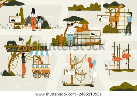 Zoo scene with visitors. Cartoon zoo park with safari animals and people, wildlife nature with animals and visitors. Vector illustration